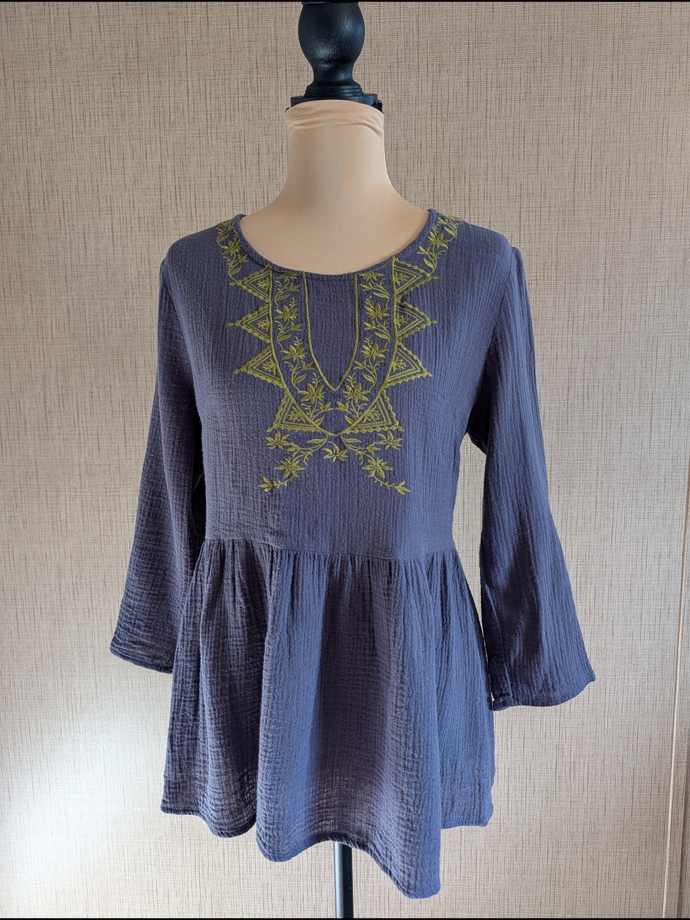 Polagram Navy Tunic Top with Green Embroidered Yoke